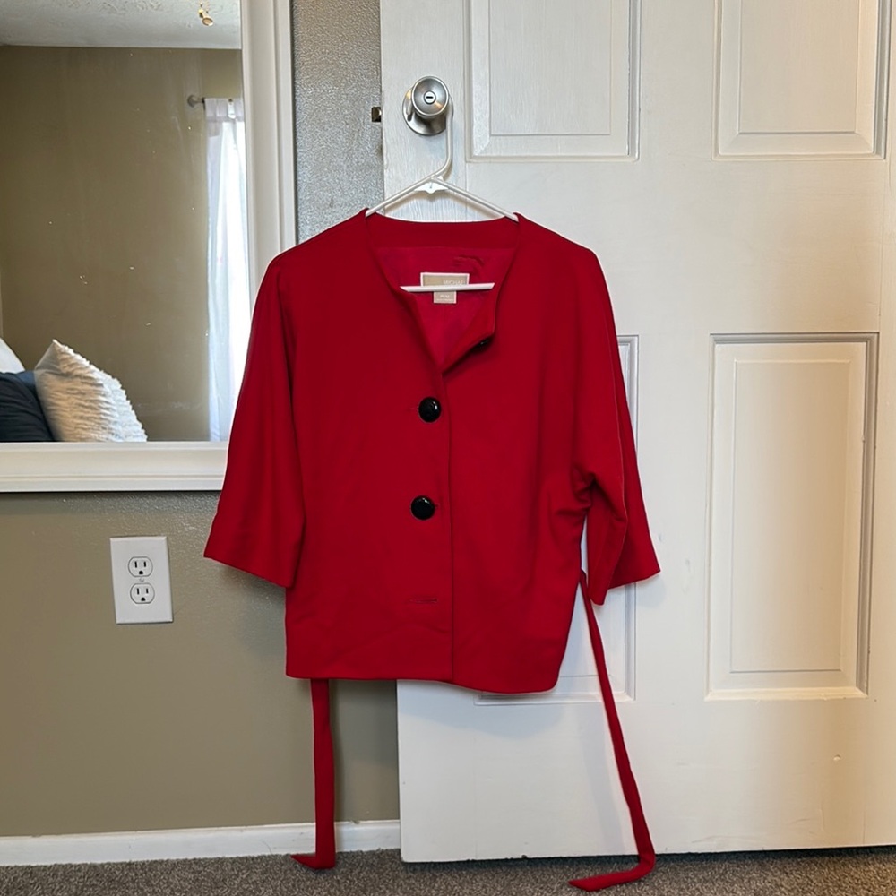 Michael Michael Kors Red Women's Jacket with Black Buttons and Tie Waist